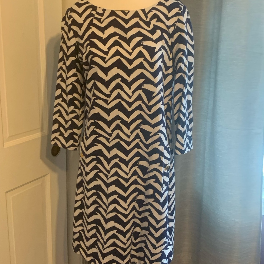 Blue and White Lily Pulitzer dress with gold like buttons